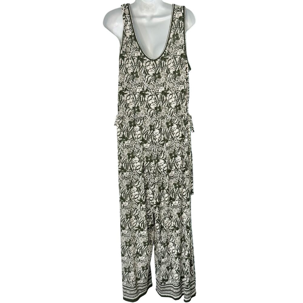 Max Studio Green White Floral Wide Leg Elastic Waist Sleeveless Jumpsuit Size L - Picture 7 of 11